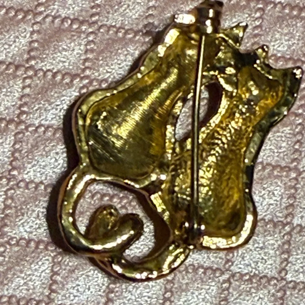 Cat Brooch - Black and Cream with Rhinestones in Gold Tone